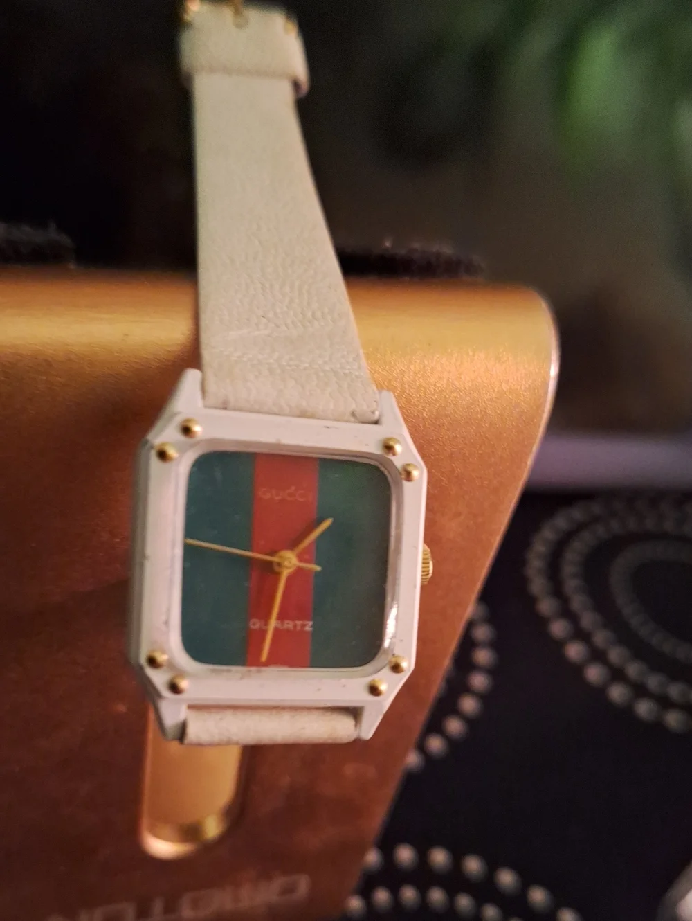 Gucci White Watch with Green and Red Striped Dial